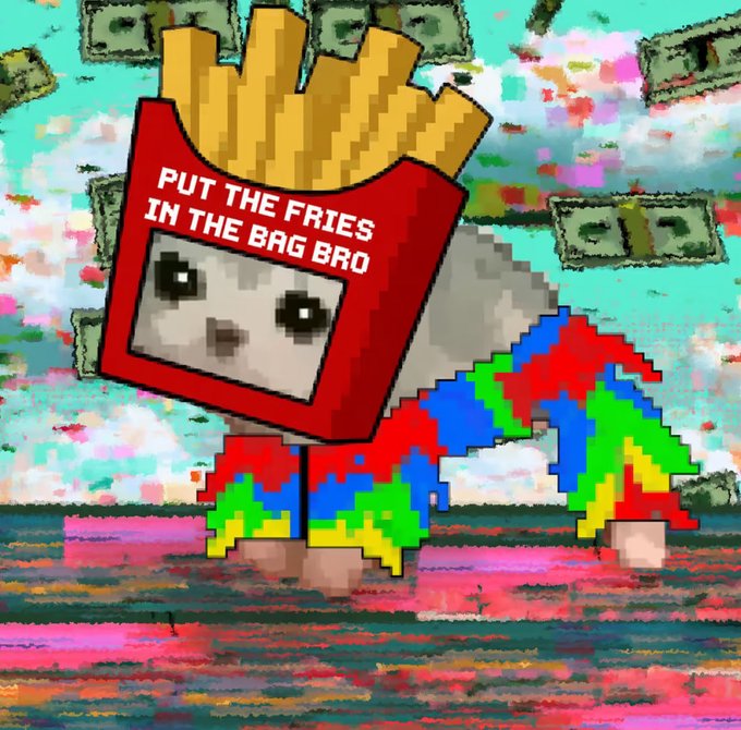 A pixelated/glitched meme shows a character wearing a McDonald's fries box as a mask reading 'PUT THE FRIES IN THE BAG BRO', with a colorful distorted background.