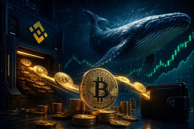 A whale floats above stacks of Bitcoin flowing from a Binance vault into a wallet, set against a green candlestick chart, illustrating the large exchange outflows and institutional accumulation referenced in the post about a potential BTC rally from $30K to $50K.