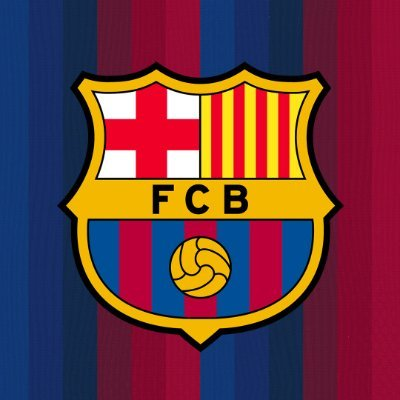 The FC Barcelona (FCB) crest is displayed on a background of blue and red vertical stripes.