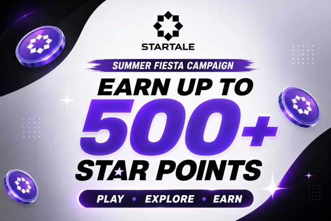 A promotional banner for 'STARTALE' advertising a 'SUMMER FIESTA CAMPAIGN' where users can 'EARN UP TO 500+ STAR POINTS' by playing, exploring, and earning.