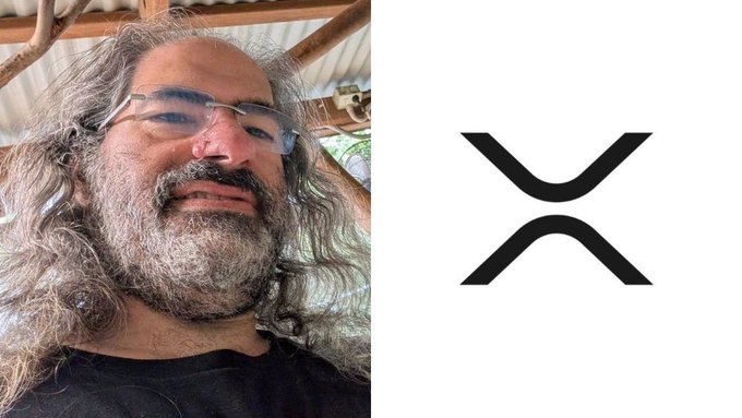 A selfie of a bearded man with long hair wearing glasses next to the XRP cryptocurrency logo.
