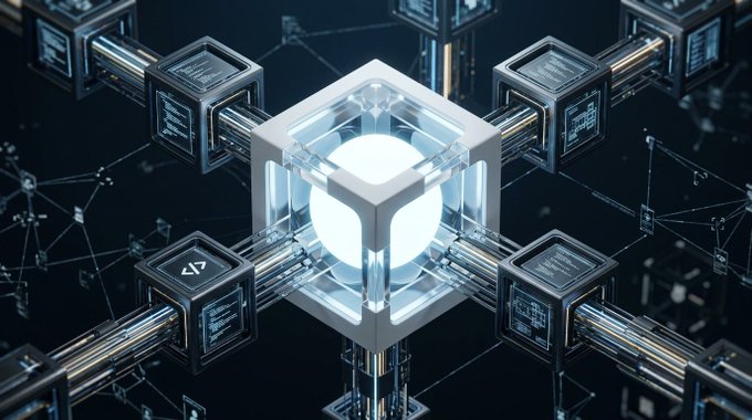 A 3D digital illustration displays a glowing white sphere encased in a transparent cube, connected to metallic server-like nodes against a dark, networked background.