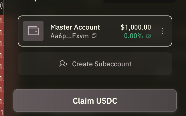 The image shows a Bulktrade account dashboard displaying a "Master Account" with a balance of $1,000.00 and a 0.00% return, along with options to "Create Subaccount" and "Claim USDC." This aligns with the post's claim of receiving 1,000 USDC after a small deposit, showcasing the platform's reward or airdrop interface.