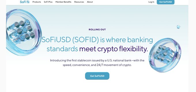 The image shows a website for SoFi Bank that has just launched its StableCoin. The website displays information about the new cryptocurrency, including details about its backing from a US bank and its 1:1 backing by cash or cash equivalents held at the bank/Fed Reserve. The website also provides links to more information on the coin's features and benefits.