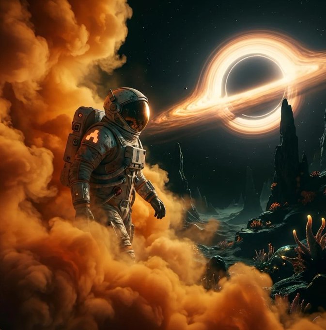 Sci-fi digital artwork of an astronaut standing in orange clouds on an alien planet, gazing up at a glowing black hole in space surrounded by rocky terrain and strange coral-like formations.