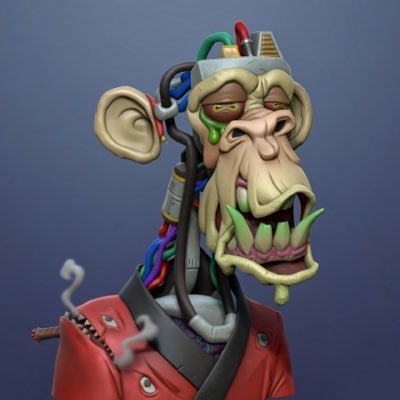 A 3D-rendered grotesque caricature of a monkey with exposed teeth, mechanical implants, wires, and a stitched-up red robe.