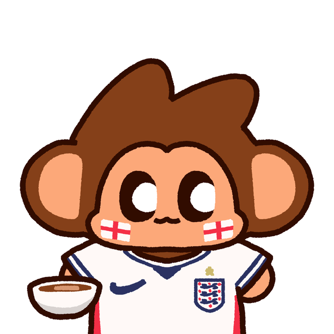 A cartoon monkey with England flag face paint wears a white soccer jersey featuring the Three Lions crest and holds a teacup.