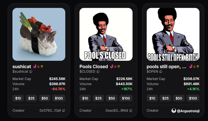 Three cryptocurrency tokens displayed: 'sushicat' with a sushi-cat image showing -64.76% change, 'Pools Closed' showing +167% with a closed sign image, and 'pools still open, ...' showing +4.1% with a similar image, all with market caps and trading volumes.