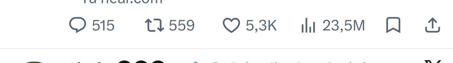 A close-up of Twitter (X) post engagement metrics showing 515 comments, 559 retweets, 5.3K likes, and 23.5M views.