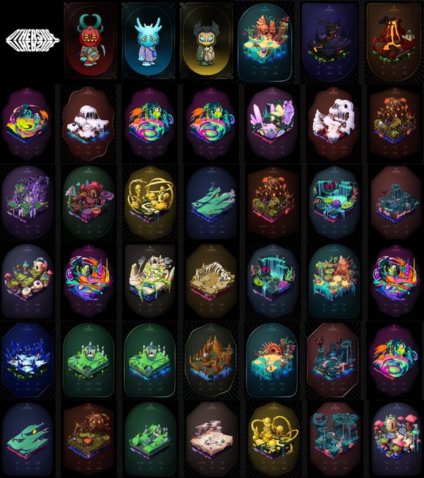 A dark-themed grid display featuring numerous colorful, isometric digital diorama illustrations and character designs, possibly from a NFT or game collection.