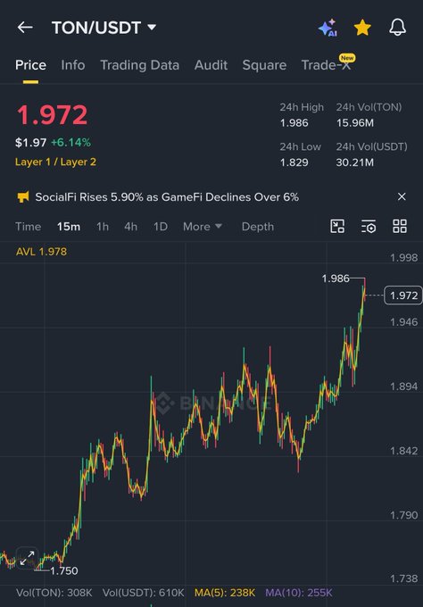 The image shows a stock chart with a price graph, which has a red line indicating a rise in value over time. The text "ton/USDT" is also present in the image. This suggests that the viewer might be interested in trading or investing in this particular stock.
