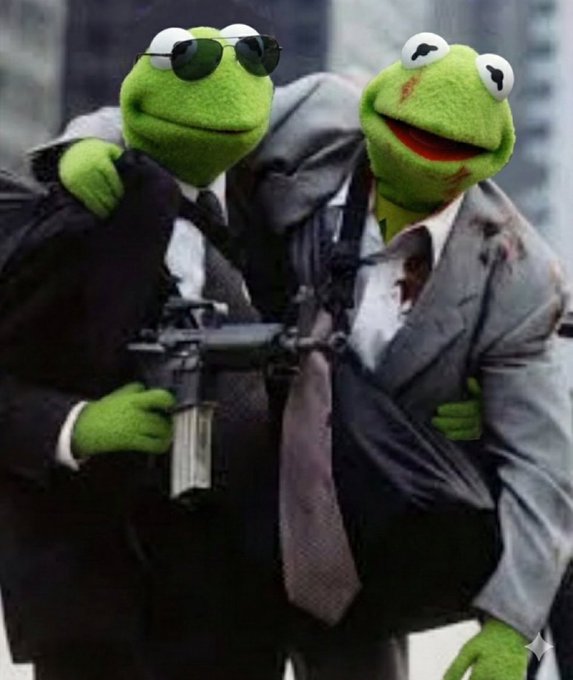 Two Kermit the Frog puppets are shown in a meme image dressed in suits, with one wearing sunglasses and holding a firearm.