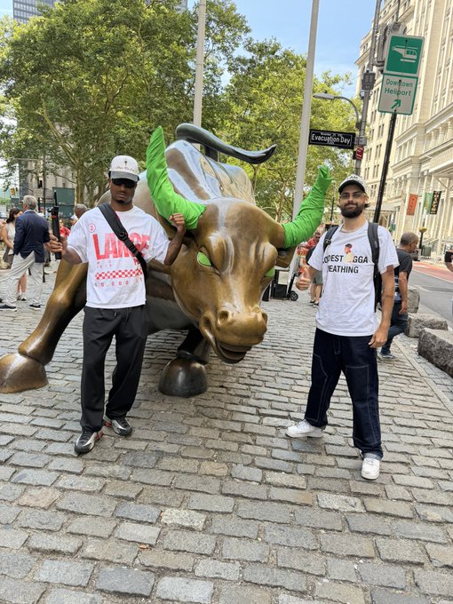 Two men pose on either side of the iconic Charging Bull statue on Wall Street, with one wearing a shirt reading "LARGE" and the other displaying "INVEST & GAMBLE EVERYTHING" — the green horn accessories on the bull nodding to the $ANSEM meme ticker noted in the post.