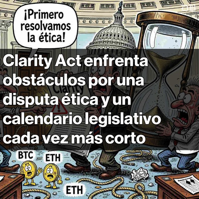 A political cartoon overlaid with Spanish text reading '¡Primero resolvamos la ética! Clarity Act enfrenta obstáculos por una disputa ética y un calendario legislativo cada vez más corto', depicting characters in a congressional setting with cryptocurrency characters BTC and ETH.