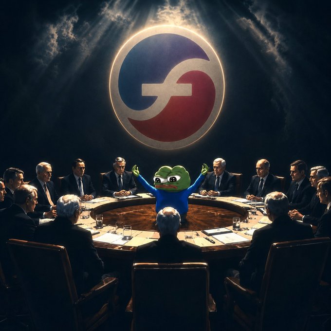 A digital artwork showing the Pepe the Frog character standing with arms raised at the head of a round table surrounded by men in suits, with a large glowing emblem in the cloudy background.