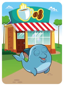 A cartoon illustration of a blue seal-like creature standing in front of a coffee shop building with a red and white striped awning, a coffee cup logo, and coffee beans on the sign.