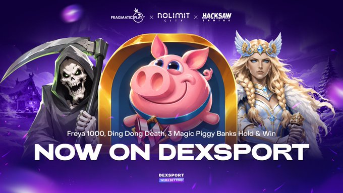 A promotional banner for DEXSPORT featuring game artwork of a grim reaper, a pink pig, and a blonde warrior woman, with text reading 'Pragmatic Play x Nolimit City x Hacksaw Gaming', 'Freya 1000, Ding Dong Death, 3 Magic Piggy Banks Hold & Win', and 'NOW ON DEXSPORT'.