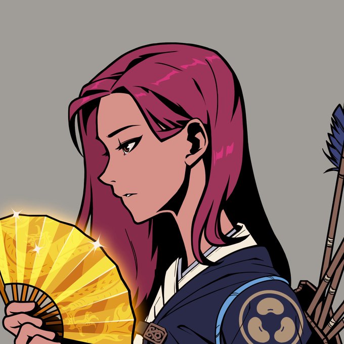 An anime-style illustration shows a woman with long dark pink hair holding a glowing golden folding fan, wearing traditional clothing with a blue shoulder emblem.