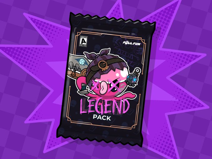 A sealed trading card pack labeled "LEGEND PACK" features a cartoon illustration of the character Jinx from Arcane/League of Legends, holding her signature gun and chomping on a donut, with branding from "PULL.FUN" and an "A" content rating, set against a purple star background.