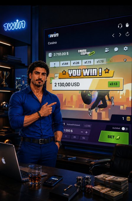 Stylized illustration of a man in a blue shirt at a desk with cash, pointing at a screen showing a 1win casino win of 2,130.00 USD.