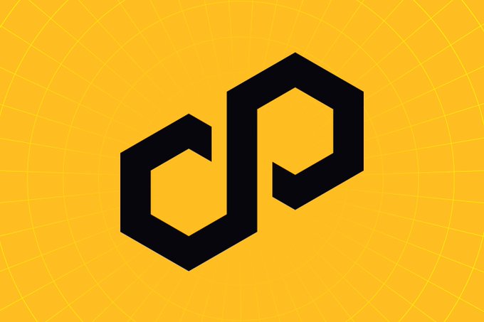The image features a logo consisting of two black hexagons connected by a diagonal line, which is the Polygon symbol. The logo is displayed against a yellow background with a circular pattern. Below the logo, there's text that reads "Polygon has been included on Fortune Magazine's inaugural Crypto 100 list", indicating that the Polygon logo was featured in the list of cryptocurrencies recognized for their year-end performance.