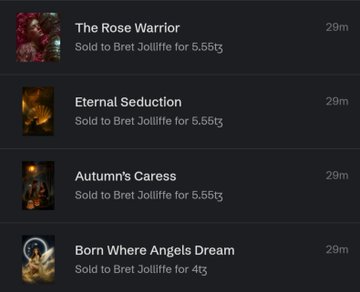 Crypto/NFT marketplace activity feed listing four recent sales: The Rose Warrior, Eternal Seduction, and Autumn's Caress sold to Bret Jolliffe for 5.55Ξ, and Born Where Angels Dream for 4Ξ.