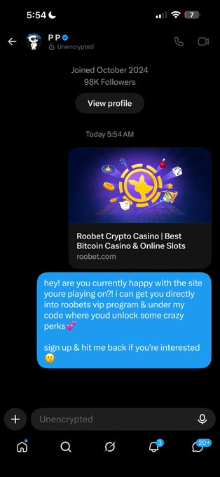 A screenshot of a DM conversation with user "PP" (98K followers) at 5:54 AM, showing an advertisement for "Roobet Crypto Casino | Best Bitcoin Casino & Online Slots" alongside a sales pitch offering a VIP program and referral code with "crazy perks" if the recipient signs up. This aligns with the accompanying post about streamers receiving direct messages promoting Roobet referral codes in their PP comments.