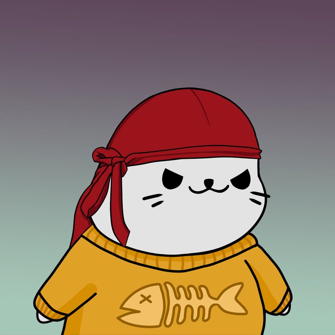 A cartoon illustration of a white cat wearing a red bandana and an orange shirt featuring a fish bone, staring menacingly against a gradient background.