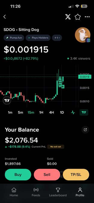 A mobile trading app screenshot showing the $DOG token (Sitting Dog) priced at $0.001915 with a +82.79% gain, displaying a user's balance of $2,076.54 and profit of +$178.88.