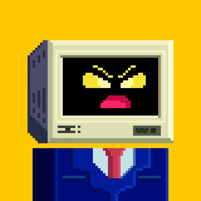 A pixel art illustration depicts a character in a blue suit and pink tie with a computer monitor for a head, showing an angry face with furrowed brows and a frowning mouth.