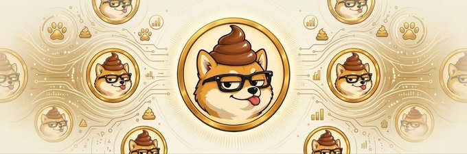 A digital illustration featuring a Shiba Inu dog wearing glasses with a swirl of 'poop' on its head, repeated in a tiled pattern with circuit board and paw print motifs.