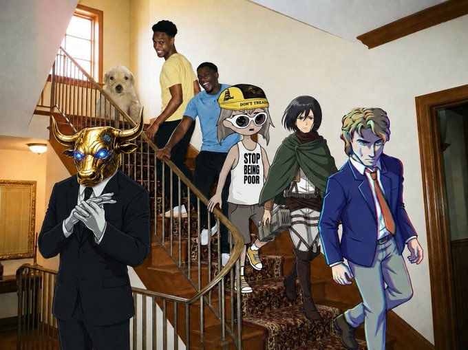 Two real men stand on a staircase holding a fluffy white dog, while anime characters—including a figure in a golden bull mask, a girl in a hardhat labeled "DON'T TREAD," one wearing a "STOP BEING POOR" tank top, an Attack on Titan character, and a Joker-like figure in a suit—descend the stairs beside them, humorously illustrating the contrast between real crypto life and the bold, meme-driven fantasy of going "Sol $Gayu."