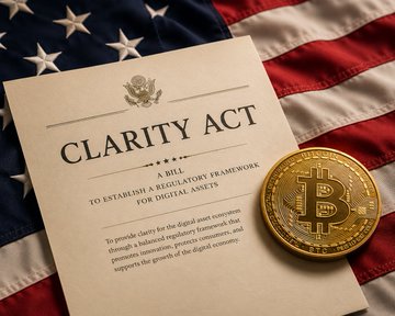 A copy of the "CLARITY ACT" — a bill to establish a regulatory framework for digital assets — rests on an American flag alongside a physical Bitcoin, symbolizing the legislative push to bring federal oversight to the crypto industry.