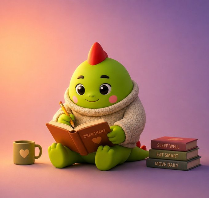 A 3D-rendered green cartoon character with a red crest sits reading a book titled "DEAR DIARY", accompanied by a mug and books labeled "SLEEP WELL", "EAT SMART", and "MOVE DAILY".