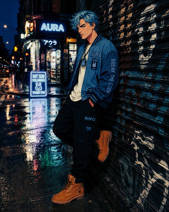The image features a man wearing a blue jacket, black pants, and brown boots leaning against a wall with graffiti on it. The man has blue hair and is dressed in a blue jacket that says "AURA" on it. The background includes a neon sign for "AUTA" and the words "BREAK THE ODES".