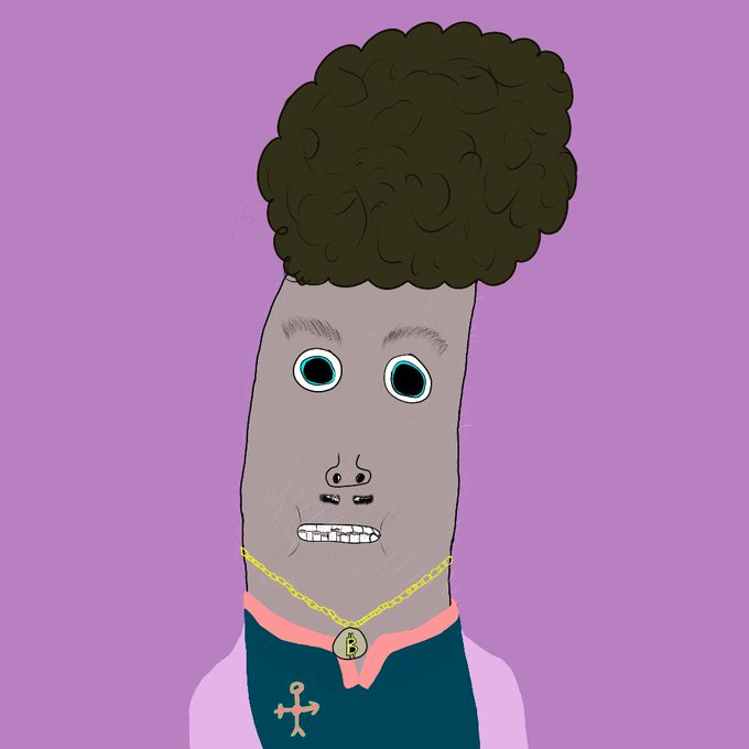 A cartoon illustration of a surreal character with a long grey face, large eyes, and dark brown afro hair, wearing a gold chain with an 'R' pendant and a dark shirt with a cross emblem.