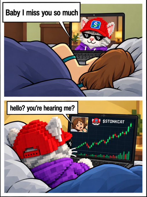 A two-panel comic: top panel shows a woman on a laptop video call with a cat in sunglasses saying 'Baby I miss you so much'; bottom panel shows the cat watching a '$TONKCAT' stock chart, saying 'hello? you're hearing me?'.
