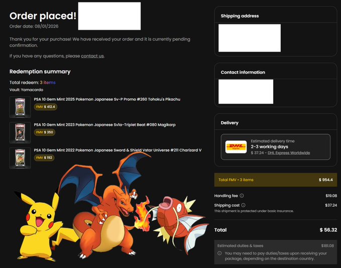 Order confirmation screenshot dated 08/01/2026 for Pokemon Japanese Sv-P Promos including Tohoku's Pikachu, Magikarp, and Charizard V, showing a Total FMV of $954.40 and total price of $56.32, decorated with images of Pikachu, Charizard, and Magikarp.