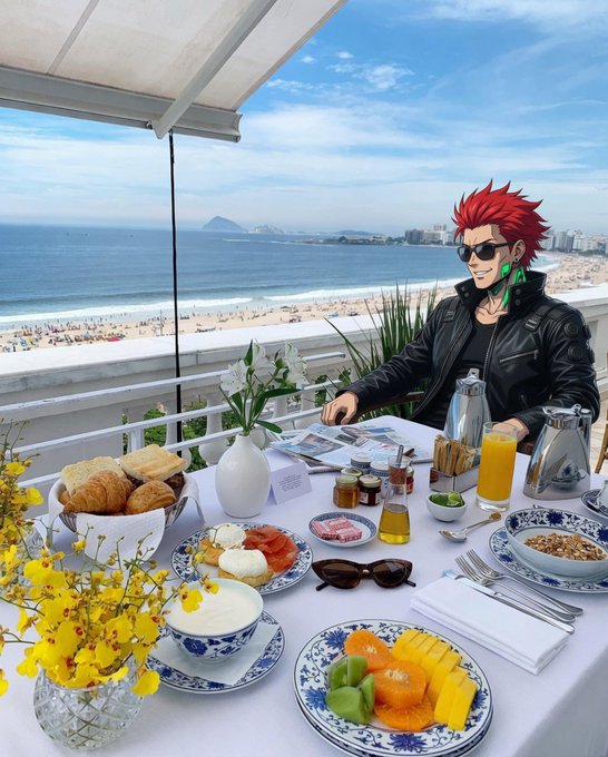 A red-haired anime character in a black leather jacket and sunglasses enjoys a lavish beachfront breakfast featuring fresh fruit, pastries, and orange juice overlooking the ocean. The luxurious, on-vacation vibe of the image contrasts with the post's promotional message about "sovereign onchain AI excellence" and ANIMA agents, suggesting a lifestyle of leisure and success that aligns with the high-end crypto/AI branding.