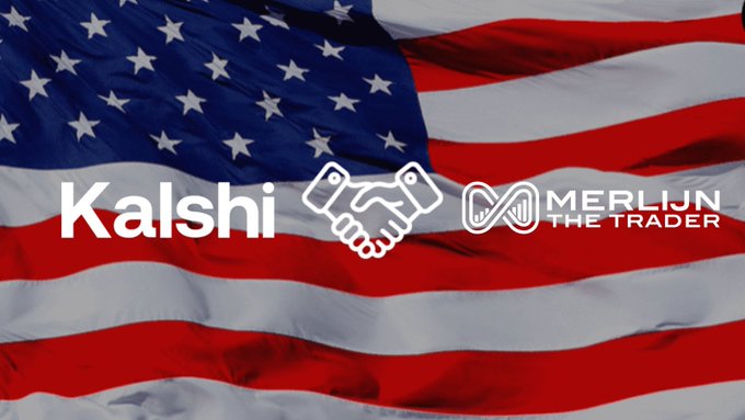 The image shows the logos of "Kalshi" and "MERLIJN THE TRADER" alongside a handshake icon, set against a waving American flag background, symbolizing a U.S.-regulated partnership. This visually reinforces the post's message about Kalshi being a US-regulated platform, making it a trusted alternative to offshore exchanges for Bitcoin perpetual trading.