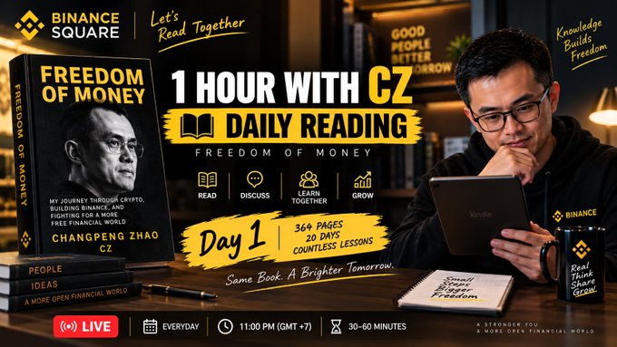 A promotional graphic for Binance Square's '1 Hour with CZ Daily Reading' featuring Changpeng Zhao's book 'Freedom of Money,' advertising a live event with 366 pages, 20 days, and countless lessons starting at 11:00 PM (GMT+7).