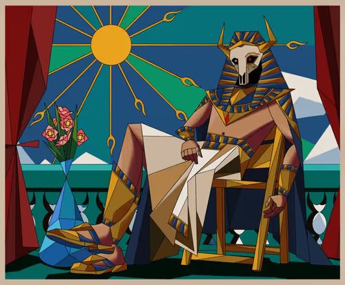 A colorful cubist illustration depicts an Egyptian pharaoh seated on a wooden chair beside a vase of pink roses, set against a geometric landscape with pyramids and a stylized sun.