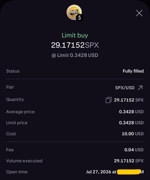 A screenshot of a successful limit buy order for 29.17152 SPX at a limit price of 0.3428 USD, showing a total cost of 10.00 USD and a status of "Fully filled" on July 27, 2026.
