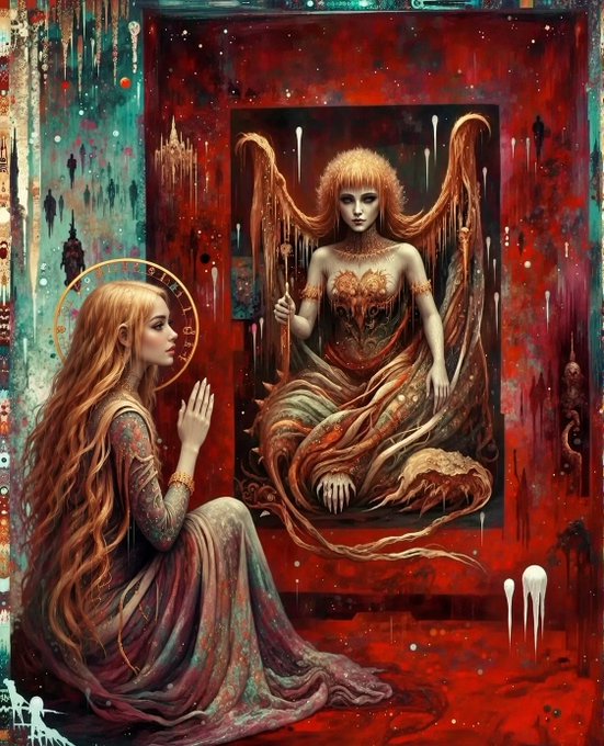 A surreal, richly colored digital painting depicting a young woman with long flowing red hair kneeling in prayer before a framed image of a pale, winged figure with golden hair, set against a dark red, drippy background.