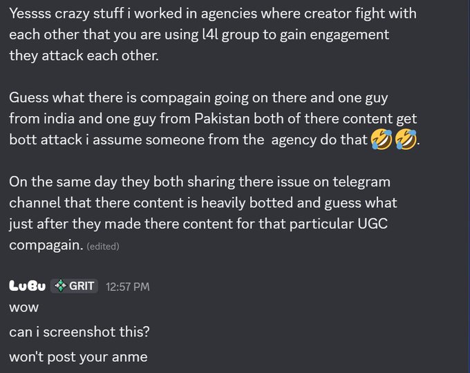 A screenshot of a Discord chat where a user describes how content creators are attacked in agencies, and another user 'GRIT' responds with 'wow can i screenshot this? won't post your anme'.