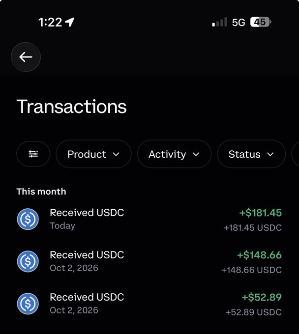 A mobile screenshot of a Vest Exchange Transactions page showing three "Received USDC" deposits totaling $383.00 (+$181.45 today, +$148.66 and +$52.89 on Oct 2, 2026), illustrating the user's successful weekend trading profits referenced in the post.