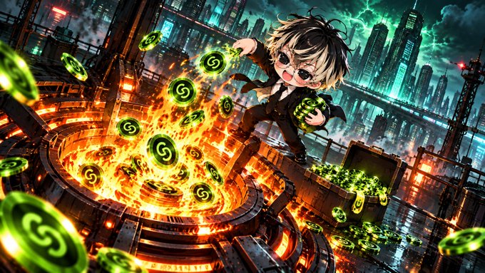 An anime-style boy holding glowing green GRVT tokens stands over a fiery portal surrounded by more tokens and a futuristic cityscape. The scene visually symbolizes GRVT’s completed open-market buyback and permanent burn of 1.1 million GRVT—nearly 1% of the circulating supply at the time—rather than tokens being retained.