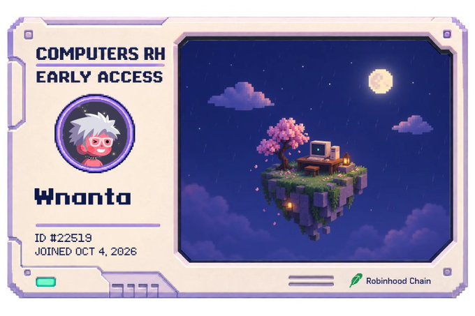 A digital card displays 'COMPUTERS RH EARLY ACCESS' with the username 'Wnanto', ID #22519, joined Oct 4, 2026, featuring pixel art of a floating island with a cherry blossom tree and computer.