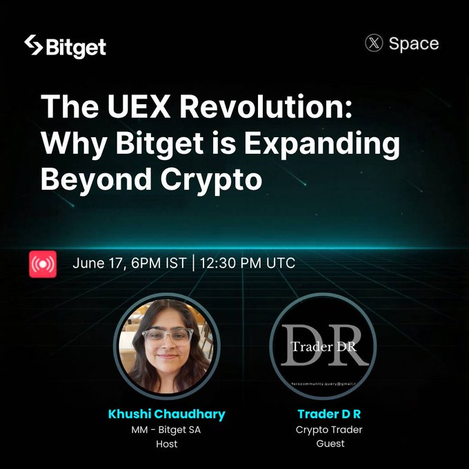 Promotional graphic for a Bitget X Space event titled "The UEX Revolution: Why Bitget is Expanding Beyond Crypto," hosted by Khushi Chaudhary (MM - Bitget SA) with guest Trader DR on June 17 at 6PM IST, which served as the quiz event where the winners mentioned in the post were selected.