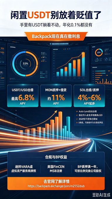 A Chinese promotional graphic advertising Backpack exchange, highlighting interest rates such as 'USDT/USD出借最高6.8% APY', 'MON质押+借贷约11% APY', and 'SOL出借/质押4%-6% APY起', with a link to backpack.exchange/join/n2552dub.